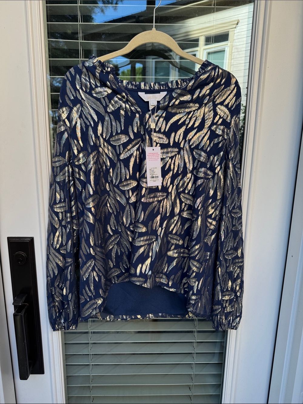 NWT Lilly Pulitzer 🫶🏻 Giana Long Sleeve Silk Navy Metallic Leaf Print Blouse